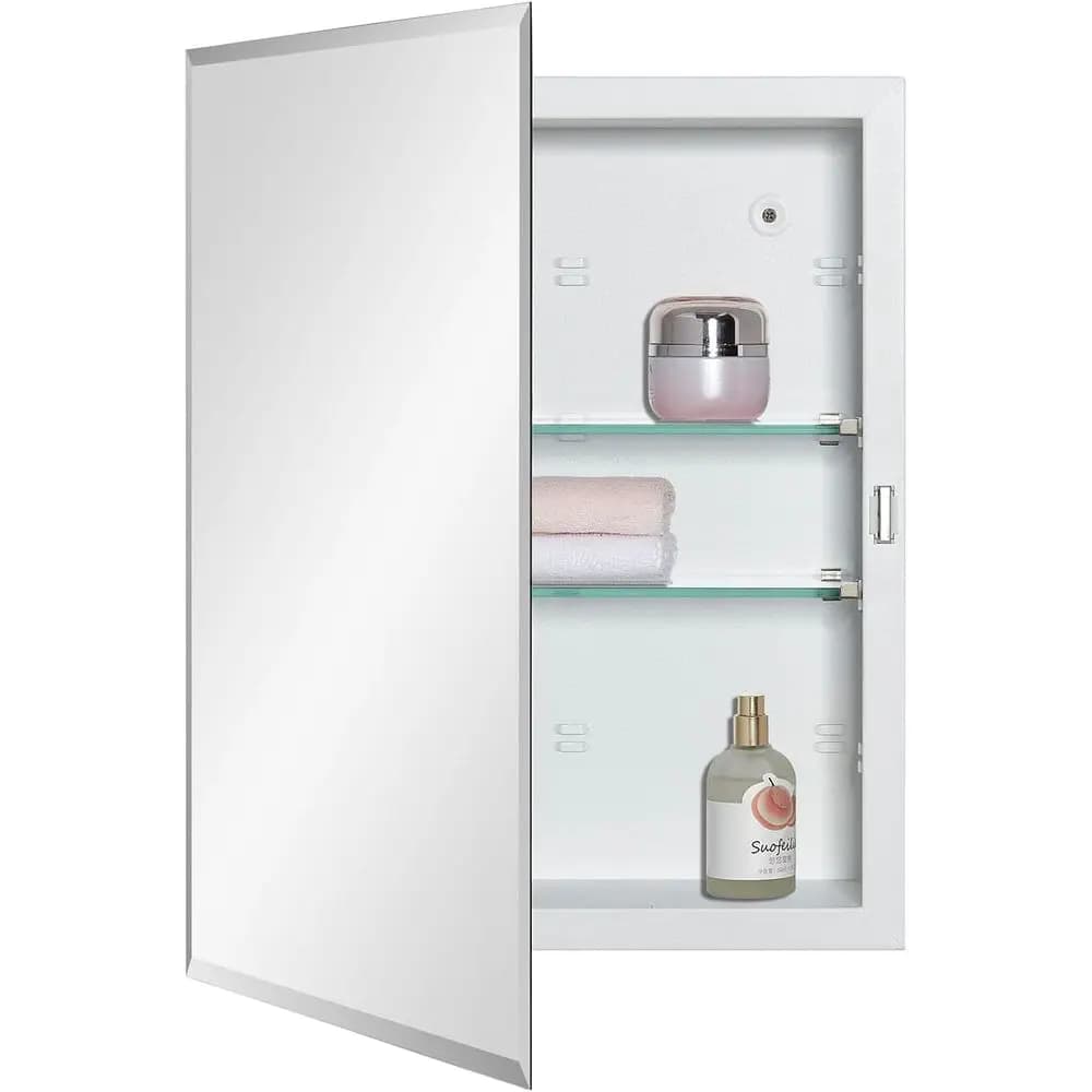 Armadietto da bagno con anta a specchio con bordo smussato 14 x 18 pollici, montaggio a incasso o a superficie, con ripiani in vetro regolabili
