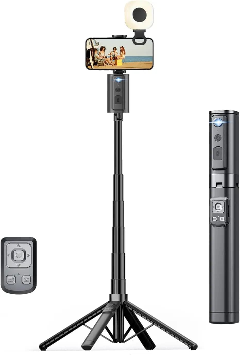 Treppiede con Tracciamento Automatico del Viso e Luce, Supporto Telefono Girevole a 360° e Telecomando per Selfie Stick Android, Nero per Vlog