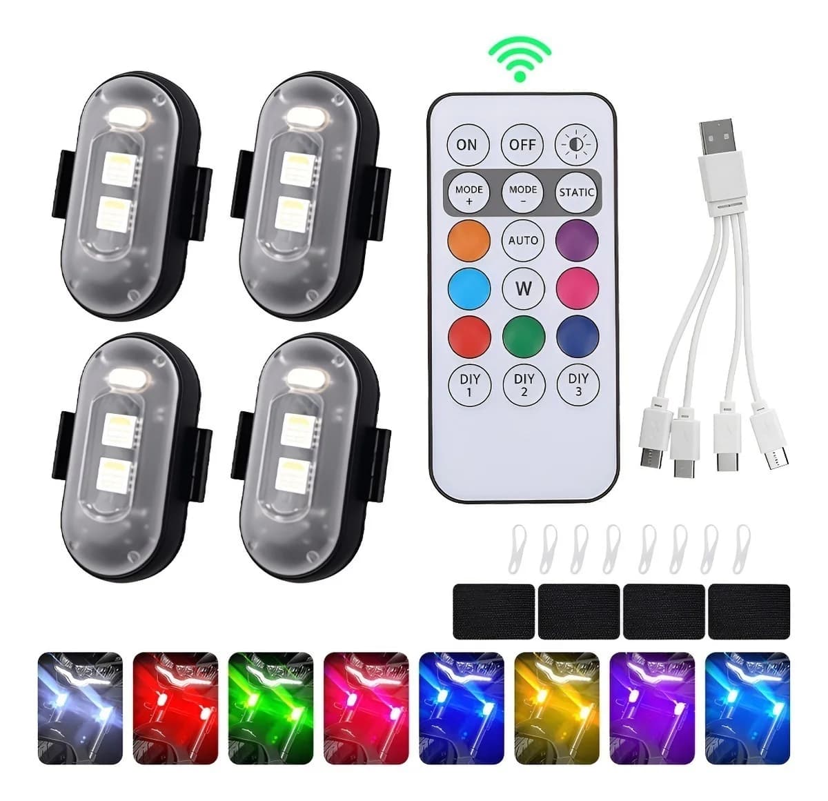 4 Pcs Led Strobe Lights with Remote Control 8 Colors Wireless Anti Collision Strobe Flashing Lights for Cars Bike Drone