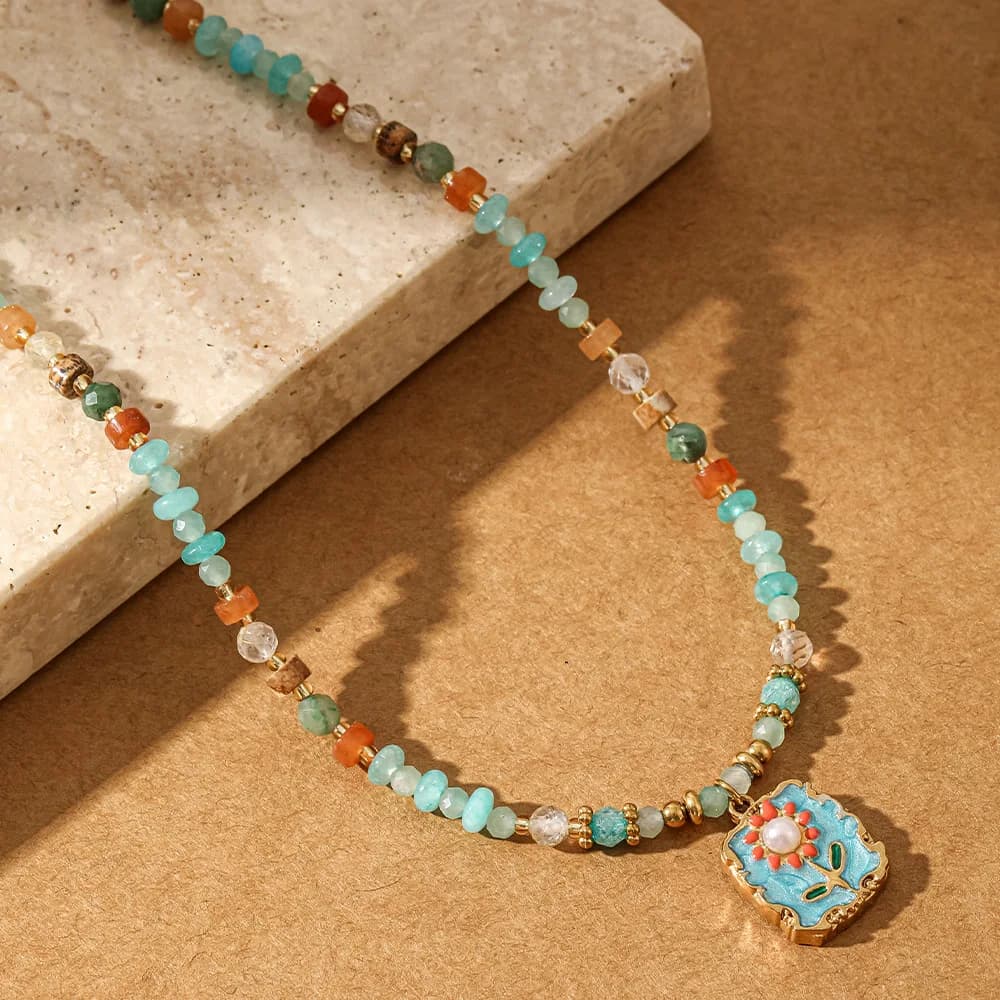 Blue Tone Forest Style Healing Natural Stone Beaded Necklace Enamel Flower Square Tag Pendant Seed Bead Clavicle Chain For Women