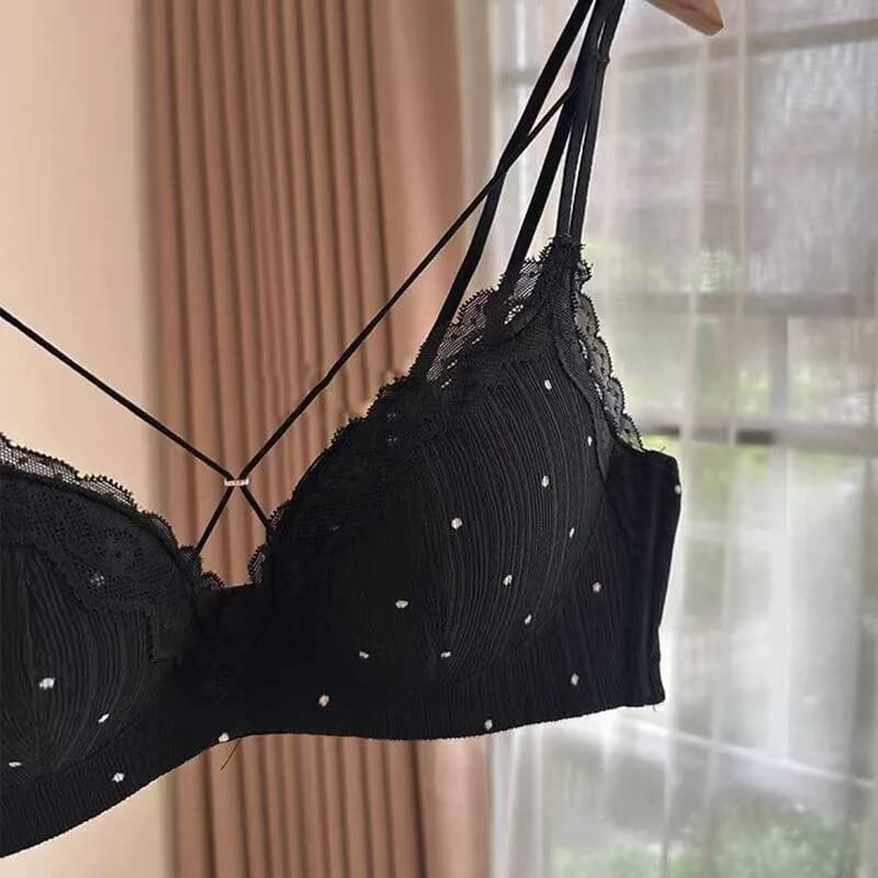 Reggiseno push-up senza fili a pois con schiena incrociata, imbottito per sollevamento seno piccolo, senza ferretto, anti-cedimento, supporto laterale, schiena bella, comfort