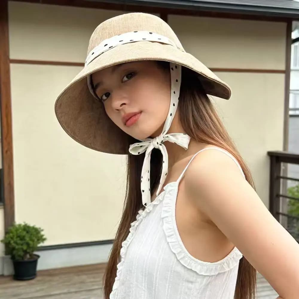 Cappello da Pescatore Casual da Donna con Nastro a Pois, Cappello Parasole in Pizzo Tinta Unita, Visiera Traspirante in Cotone per Ragazza
