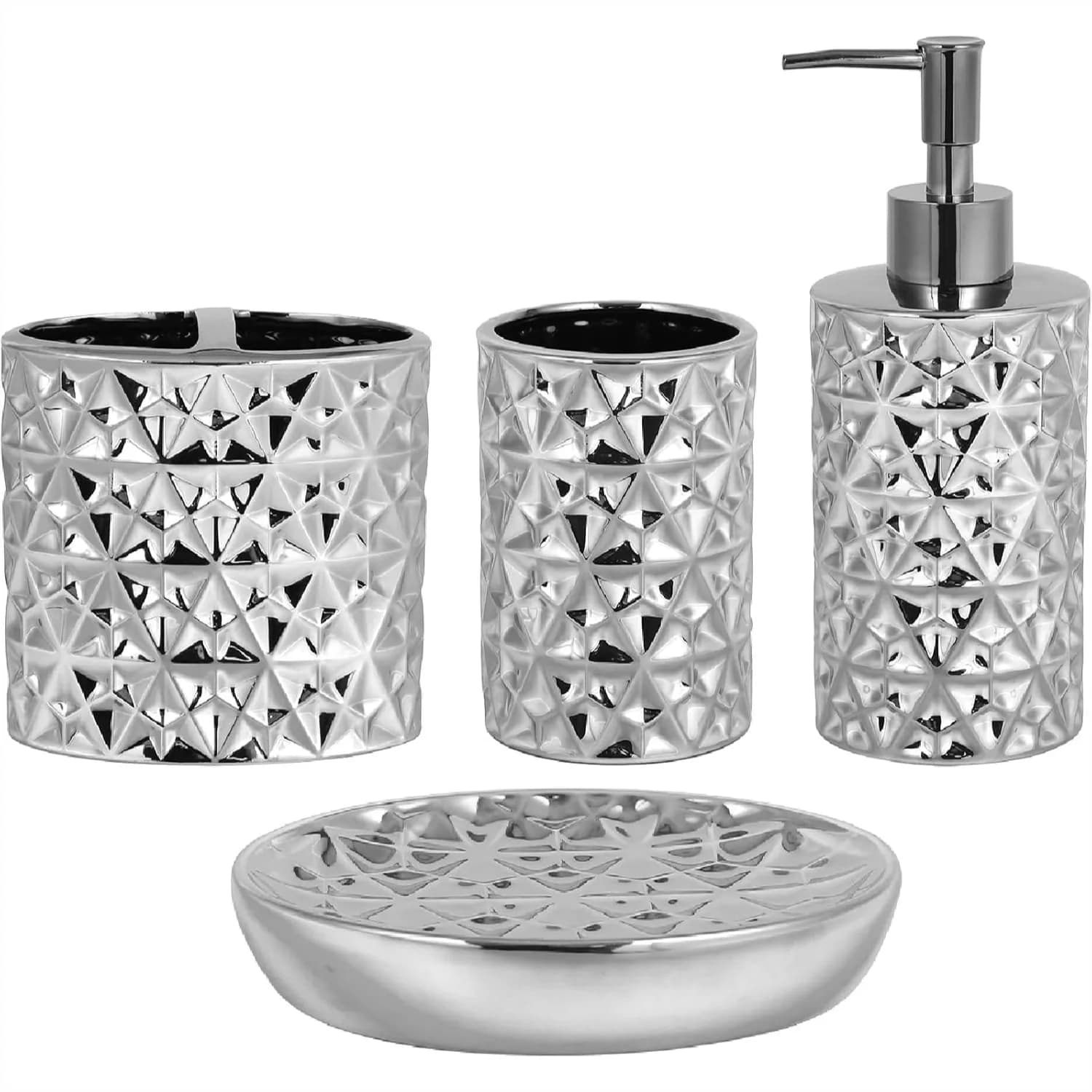 Set di Accessori Bagno in Argento, 4 Pezzi: Dispenser Sapone in Ceramica, Porta Spazzolini, Bicchiere e Portaoggetti per Lavabo, Stile Moderno Rustico