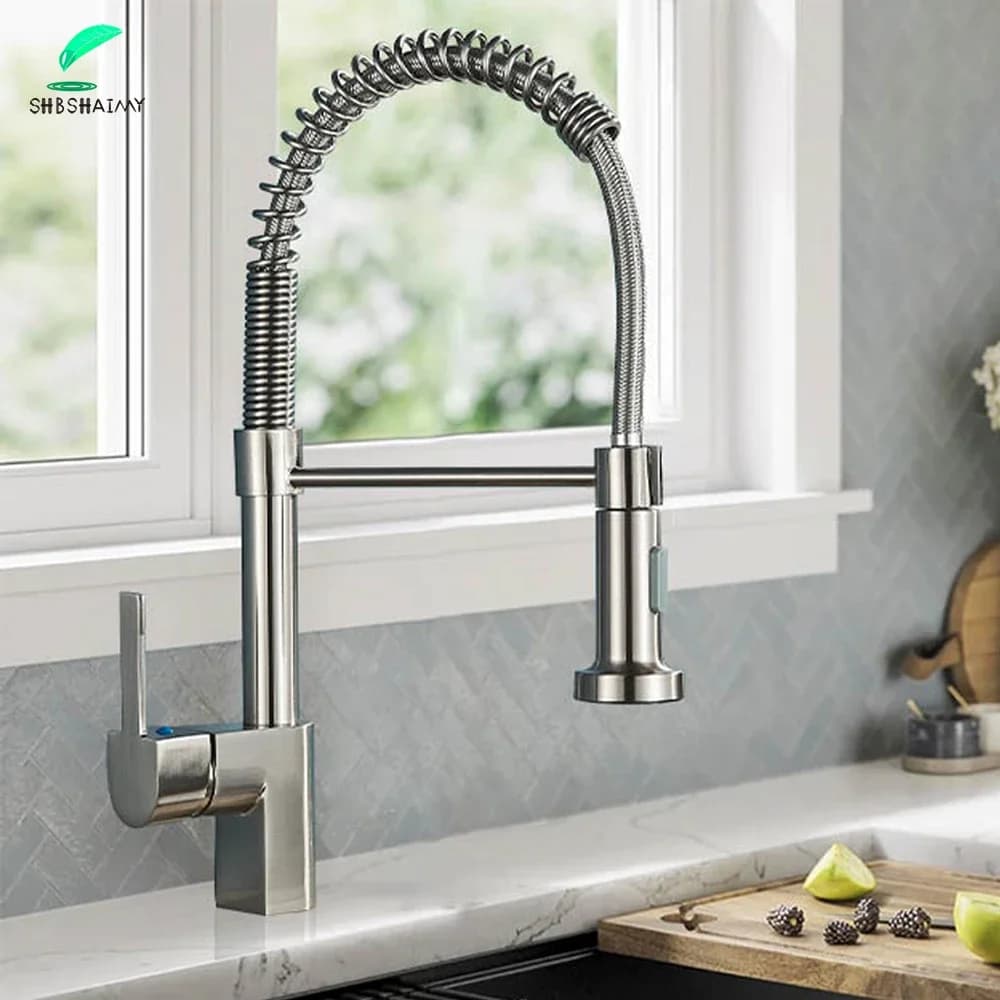 Rubinetto da cucina in nichel spazzolato, monocomando a molla per acqua calda e fredda, montaggio su piano, con getto a spruzzo, in acciaio inossidabile