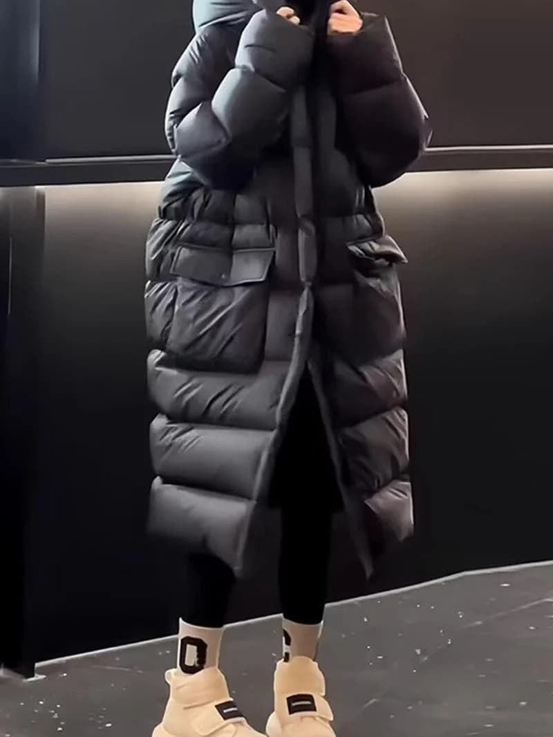 ROUJE KEFSS90 Giacca da donna lunga sopra il ginocchio in piuma d'anatra con cappuccio, a maniche lunghe, modello a clessidra/pera, Autunno Inverno