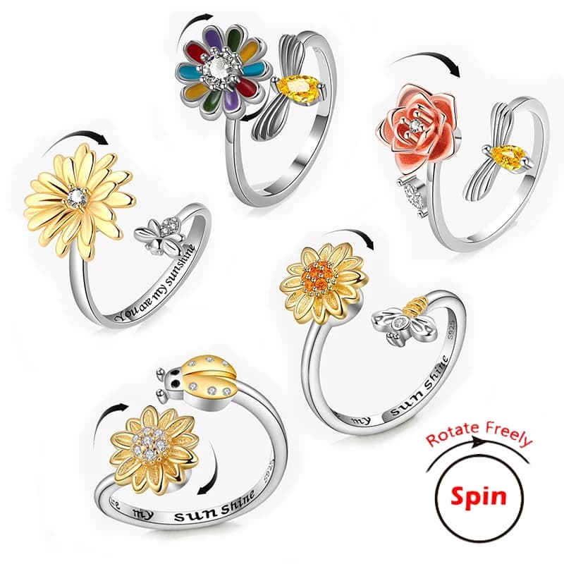 Raffinato Anello Antistress Girevole Girasole e Ape per Donna, Regolabile, Gioielli da Matrimonio, Design Estivo, Anillos