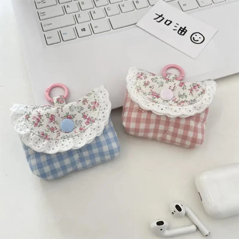 New Mini Cute Sweet Lace Floral Coin Purse Fashion Pink Blue Plaid Headphone Protective Case Girls Portable Small Storage Bag