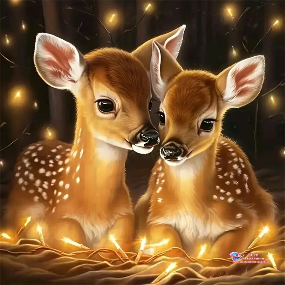 Set di Pittura Diamante 5D Fai-da-Te con Due Cuccioli di Cervo e Luci Fatate nella Foresta, con Diamanti Quadrati e Rotondi, Regalo Artigianale Fatto a Mano