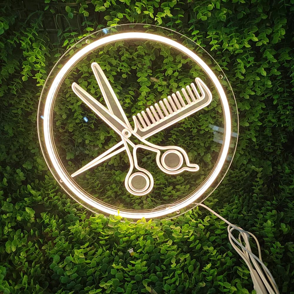 Insegne al Neon per parrucchieri per la decorazione della parete decorazione della stanza di bellezza barbiere luce al Neon segni a LED per taglio di capelli da parete pettine notturno e forbici USB