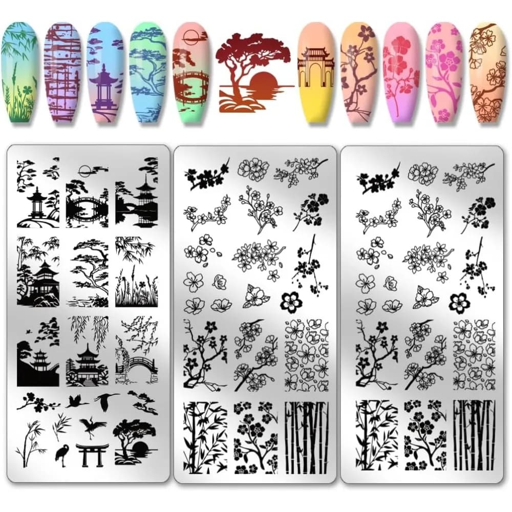 3pcs Classic Chinese Garden Nail Art Templates Ancient Style Nail Stamping Plate Pavilion Plum Blossom Nail Art Stencils