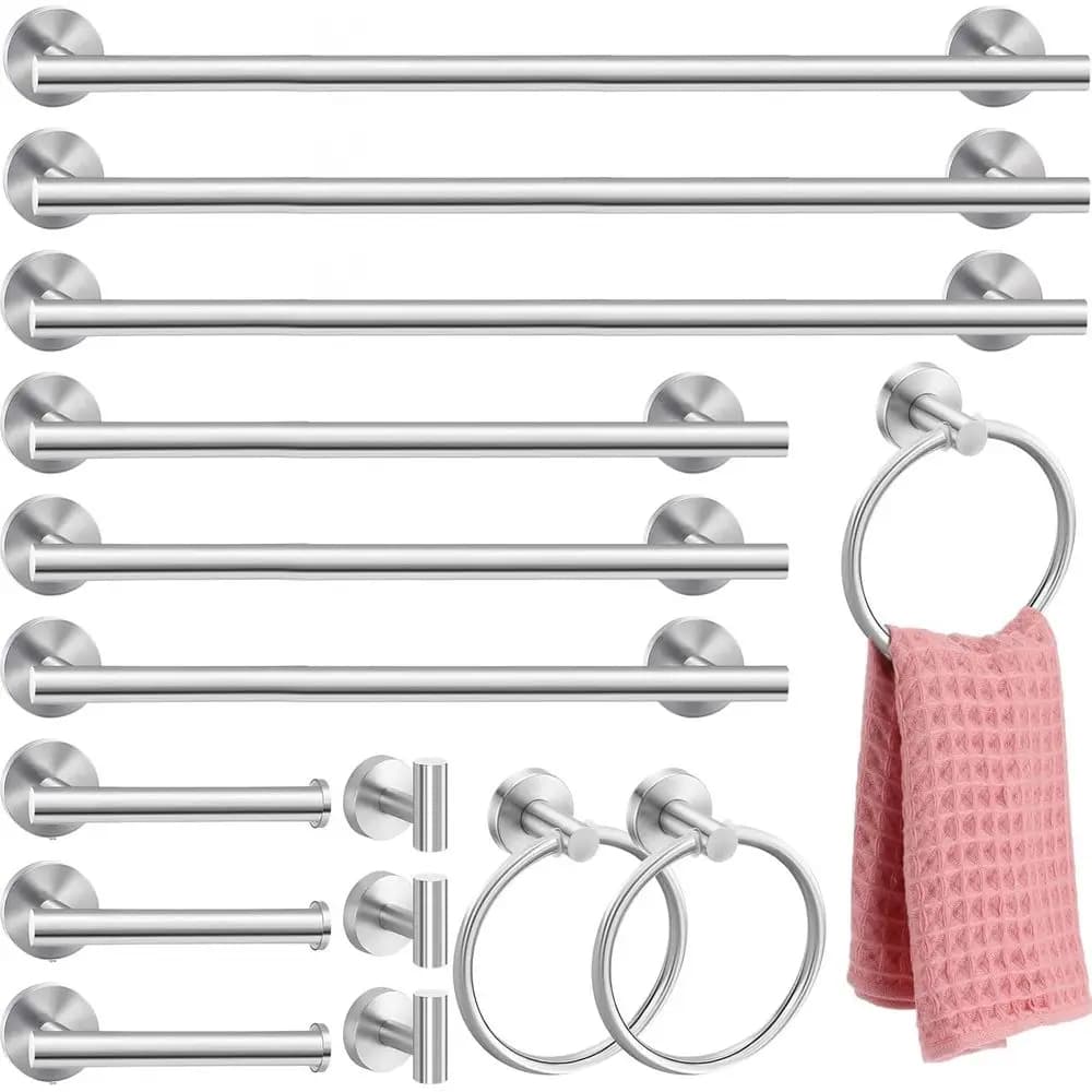 23.6 Inch Brushed Nickel Bathroom Hardware Set: Towel Rack, Bar, Ring, Toilet Paper Holder, Robe Hooks