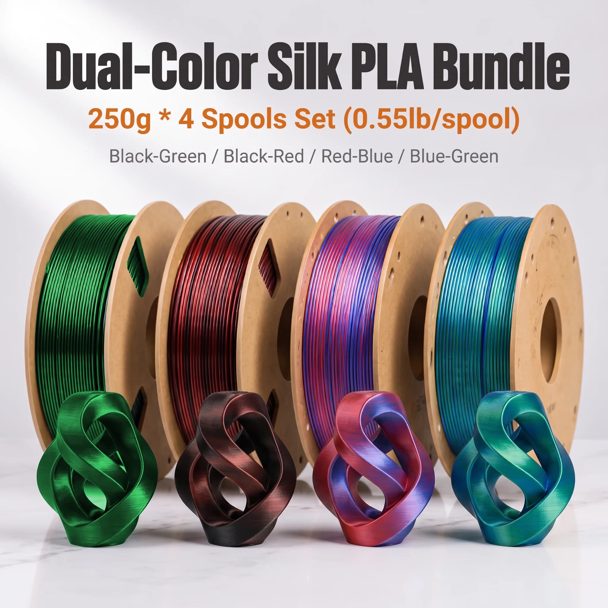 Dual-Color Silk PLA Filament 1.75mm, ±0.02mm Accuracy, 200/250/500/1000g, Black-Green/Black-Red/Red-Blue/Blue-Green