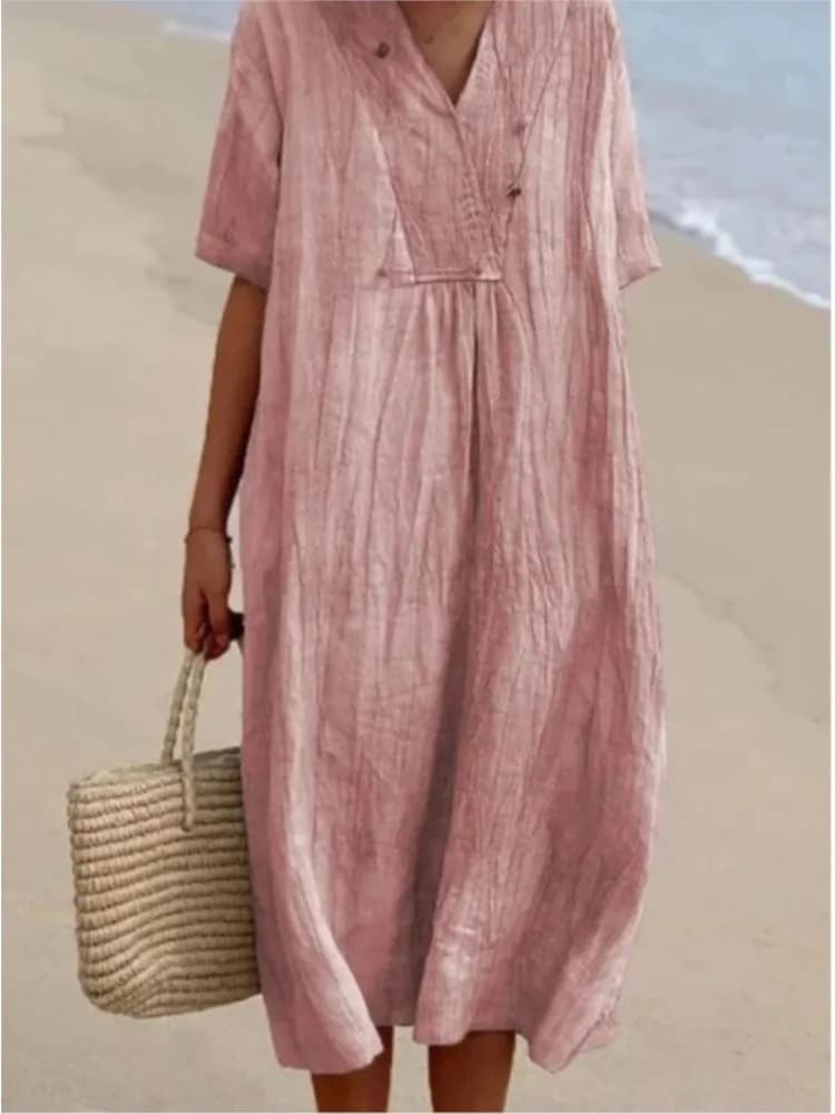 Abito estivo in cotone e lino tinta unita moda donna manica corta con scollo a V abito longuette allentato abiti Casual da spiaggia per le vacanze femminili