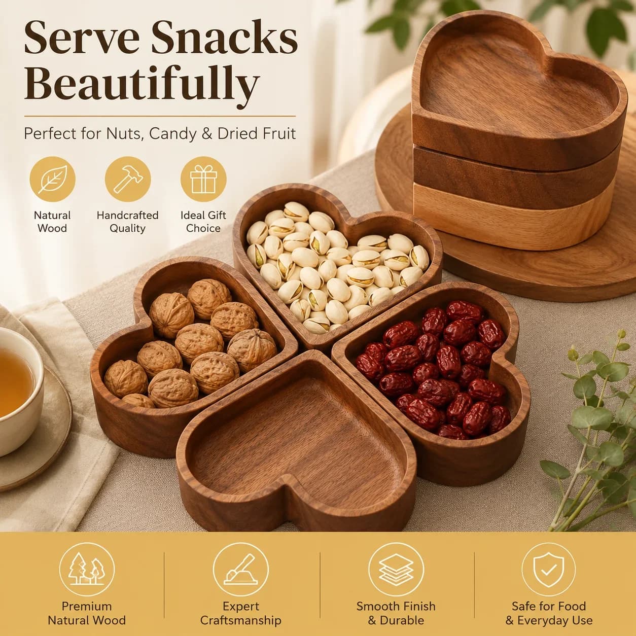 QA Heart Shaped Wooden Snack Tray Set Multipurpose Serving Bowl with Lid Stackable Storage Box for Nuts Candy Dried Fruit Home O