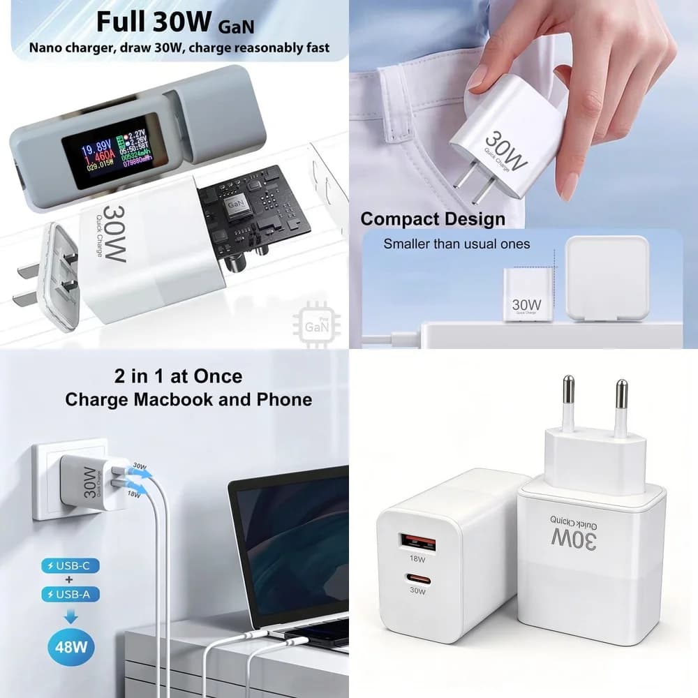 Universal 30W Quick Charge 3.0 Dual Port US EU Plug Home Charger for iPhone 17 16 15 Pro Max Samsung Galaxy S26 S25 S24 Xiaomi