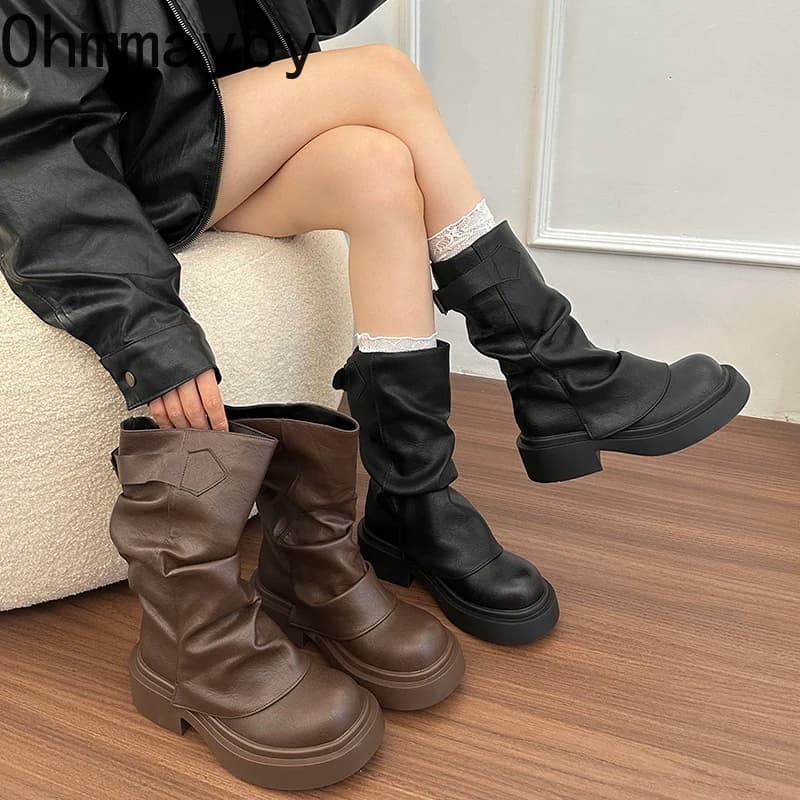 Women's Fashion Boots Fashion Slip On Pleated Shoes Women's thick heel Western cowboy boots Zapatos De Mujer