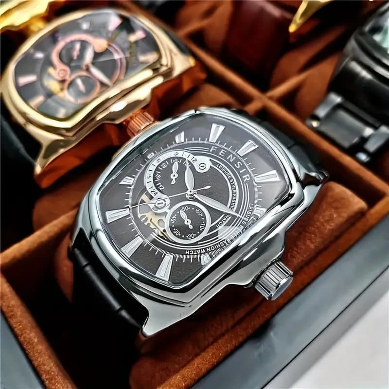 New elegant and luxurious men's watch, corporate punk style, large barrel-shaped dial, calendar function, quartz watch with leather strap, suitable for male students: ideal for fashion parties and gifts, Christmas, graduation season