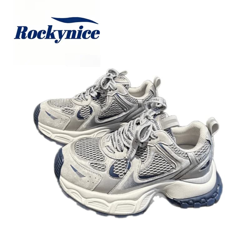 Women's Dad Shoes Spring Autumn Genuine Leather Chunky Sneakers Thick Bottom Casual Shoes Breathable Mesh Running Sports Shoes