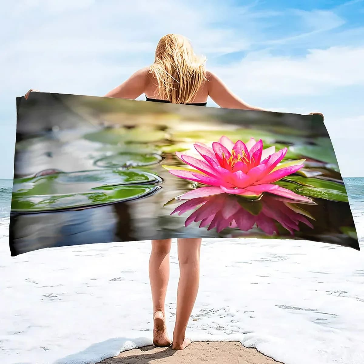 Telo Mare Oversize in Offerta, Asciugamano da Viaggio Rinfrescante con Motivo Ninfea, Asciugamano da Piscina ad Asciugatura Rapida e Anti-Sabbia, Regalo Ideale per Donne
