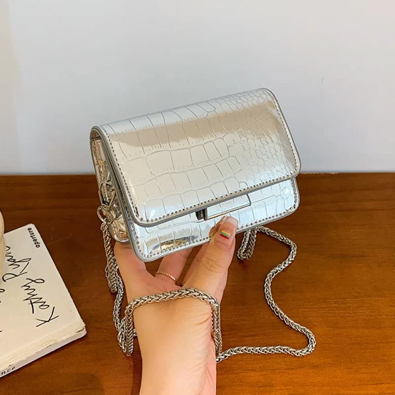 Women Vintage Chain Silver Chic Crossbody Bag Luxury Designer Small Shoulder Bags Fashion Mini Square Cute PU Leather Handbags