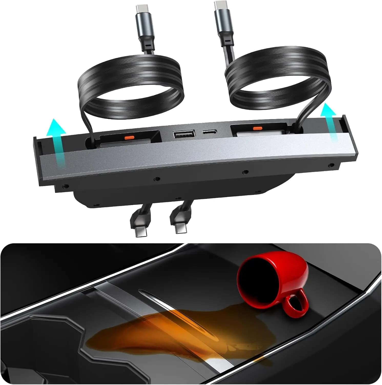 Hub USB Caricatore per Tesla Model Y 2020-2024 e Model 3 2020-2023, Console Centrale con Cavi Retrattili per Ricarica Rapida, Caricatore per Telefono