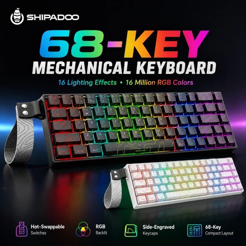SHIPADOO IK68 Wired Mechanical Gaming Keyboard 68 Keys Hot-Swappable Compact Layout RGB Full-Key Anti-Ghosting Gamer E-Sports