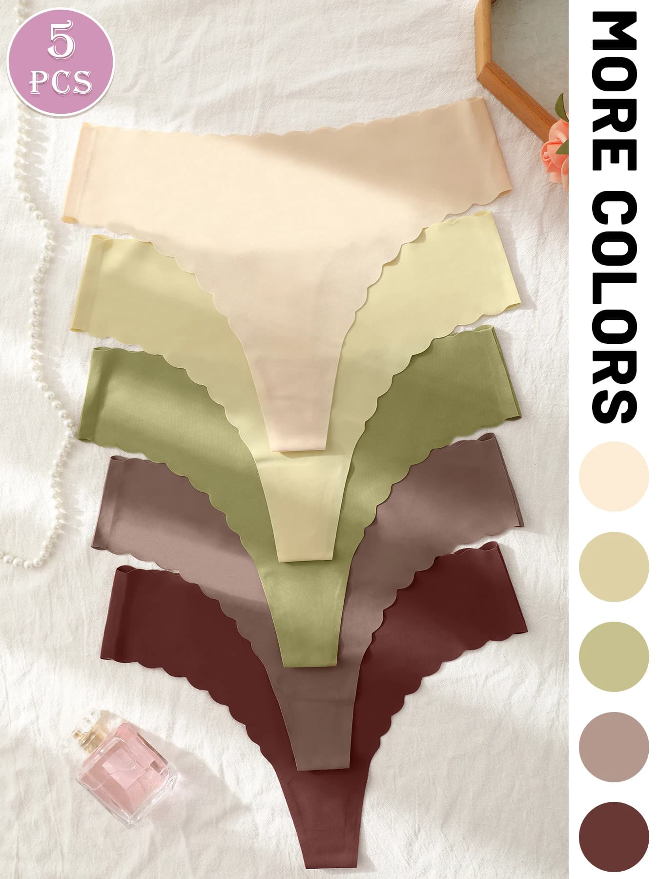 5PCS Earth Tone Scalloped V-Waist Thongs, Seamless No-Show Neutral Shades Soft Breathable Daily Invisible Women Underwear