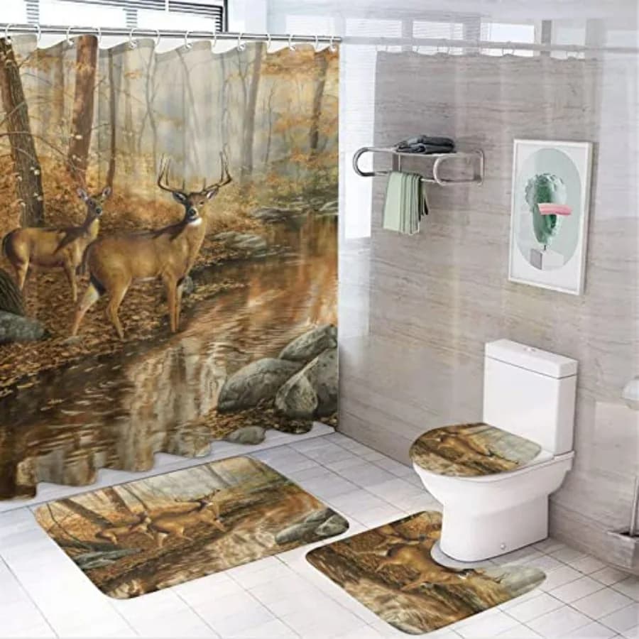 Set di 4 Pezzi per Doccia con Motivo Fauna Selvatica e Cervo in Stile Rustico, Tappetini Antiscivolo, Copriwater e Tappetino da Bagno in Marrone Resistente e Impermeabile