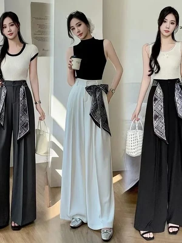 High Waist Wide Leg Suit Pants Women's Spring Summer Autumn Casual Floor Length Trousers Fashionable Long Pants Silk Scarf