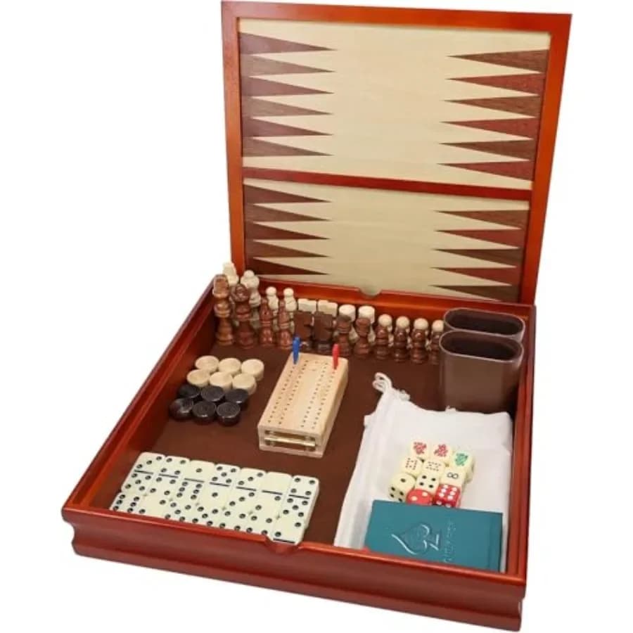 Set di Giochi in Legno 7-in-1 per Adulti: Legno di Noce, Marrone Naturale, Tavola Pieghevole da 12 Pollici con Scacchi, Dama, Backgammon, D