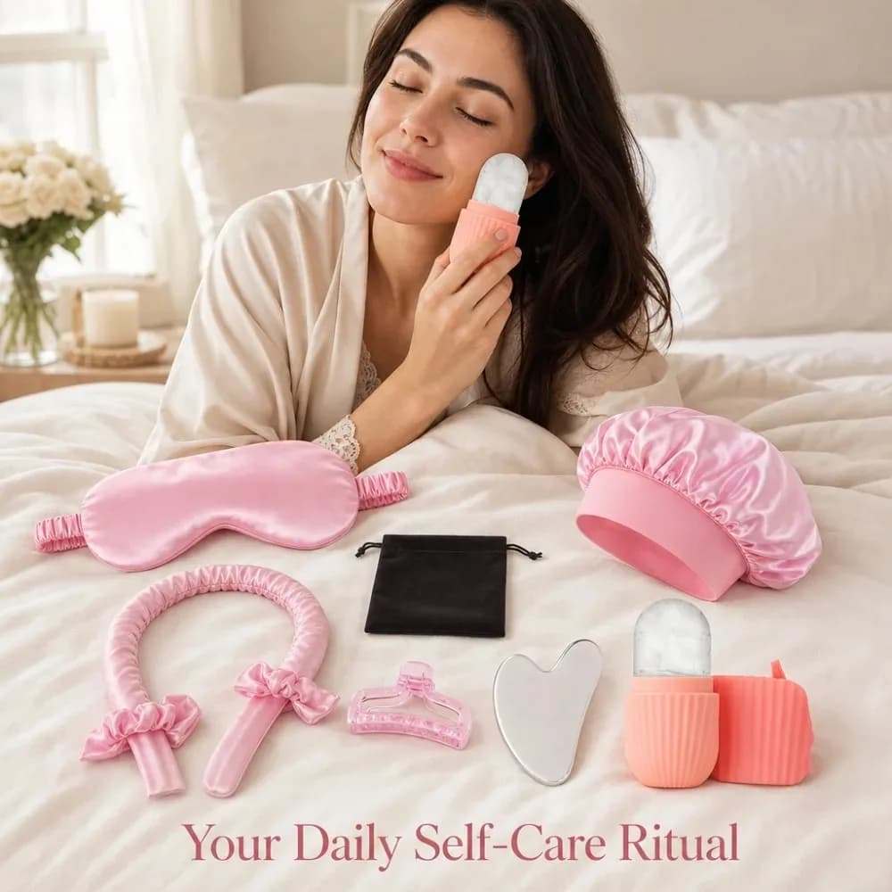 Set 9 Pieces for Hair and Skin Care: Night Headphone in Satin, Eye Mask, Heatless Bigodino, Reliable Roller, Gua Sha, Pinza Stop, Styling Accessories