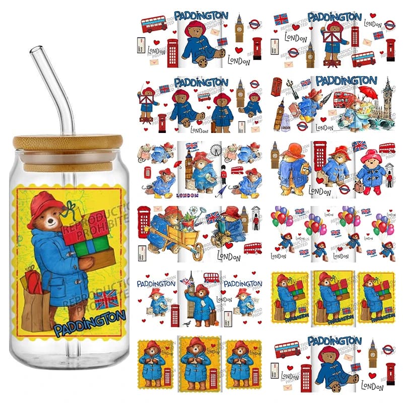 Nuovo 11 Design Carino Paddington Lovely Bear 16oz UV DTF 3D Decalcomanie Dell'autoadesivo Avvolge Lattina di Vetro Tazze Mestiere Creativo Regalo Di Compleanno FAI DA TE