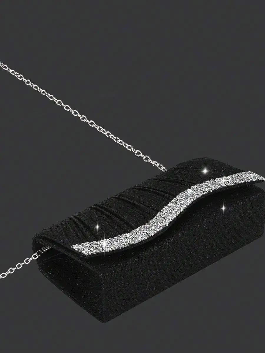 Black Rhinestone Evening Clutch Bag For Women, Envelope Style Party Handbag With Chain Strap