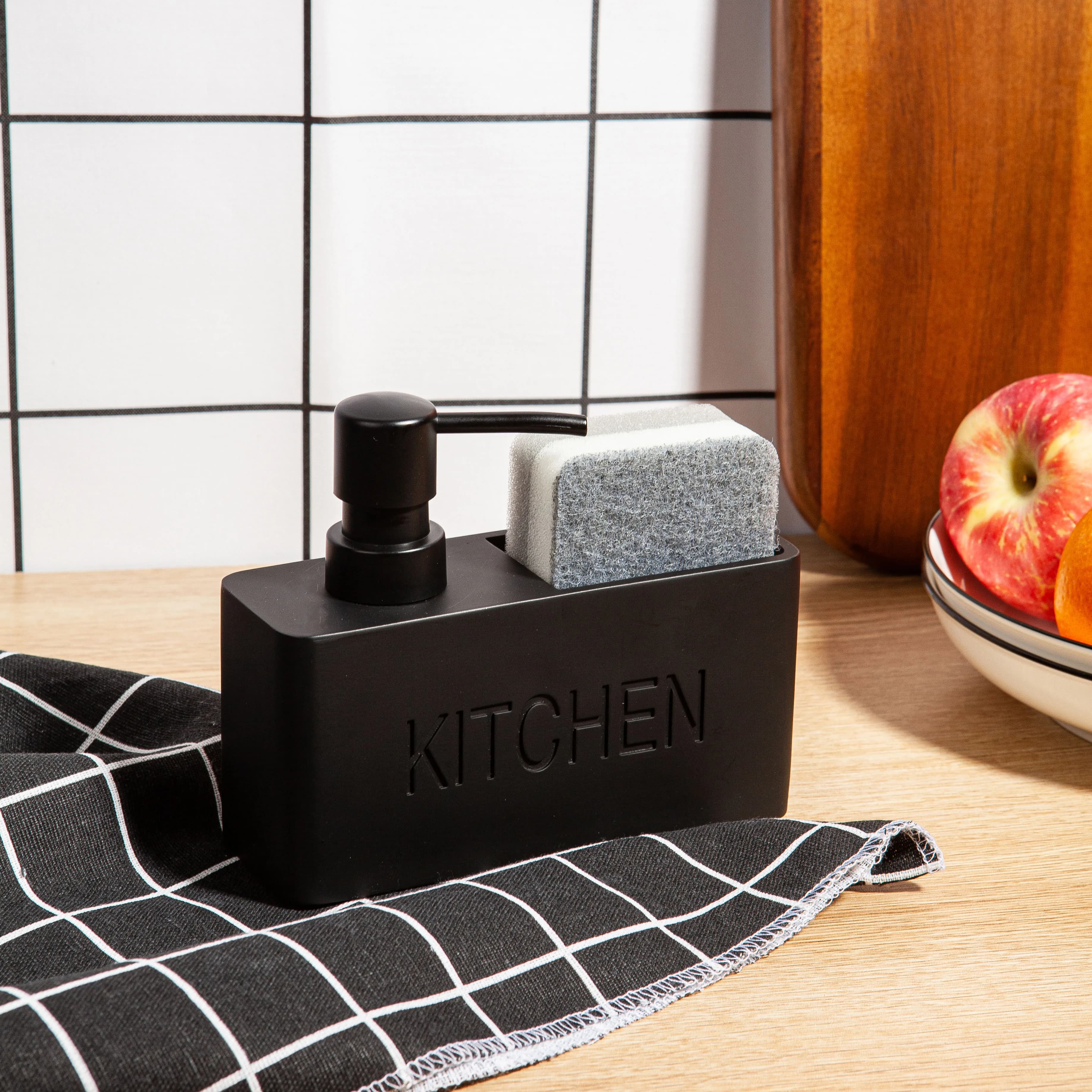 Kitchen Soap Dispenser with Utensil Holder Black Polyresin Pump Bottle Liquid Hand Soap Sponge Scrubber Holder for Sink