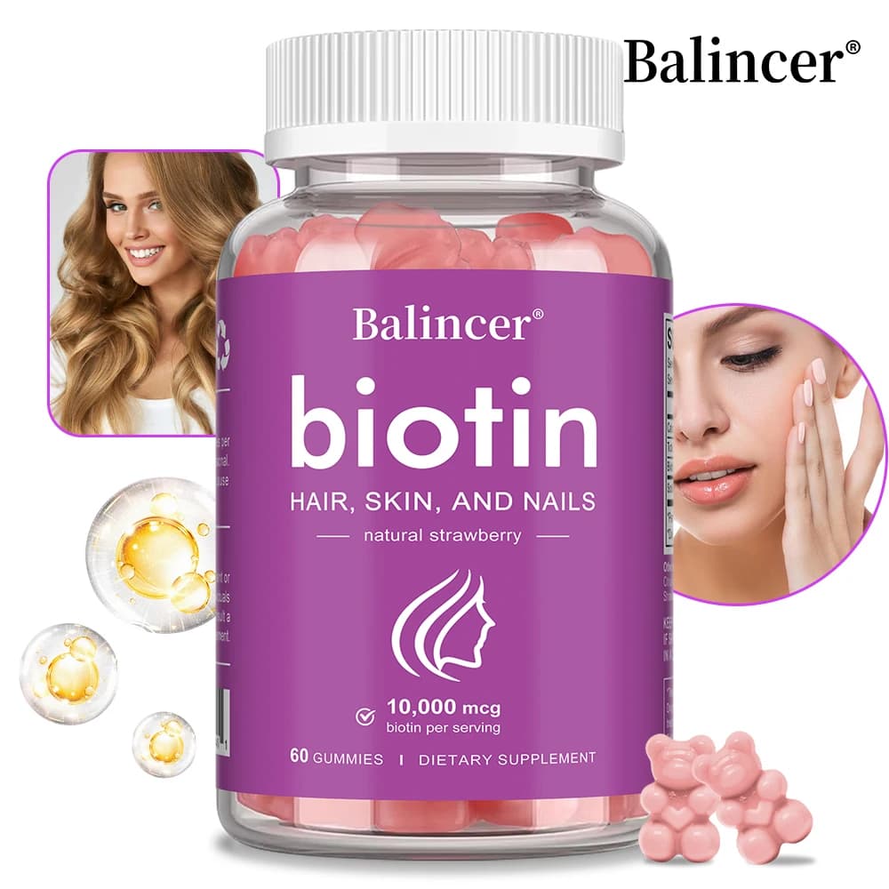 Natural biotin gums, vitamin supplement, supports healthy hair, skin and nails, strawberry gums, 10,000 Mcg