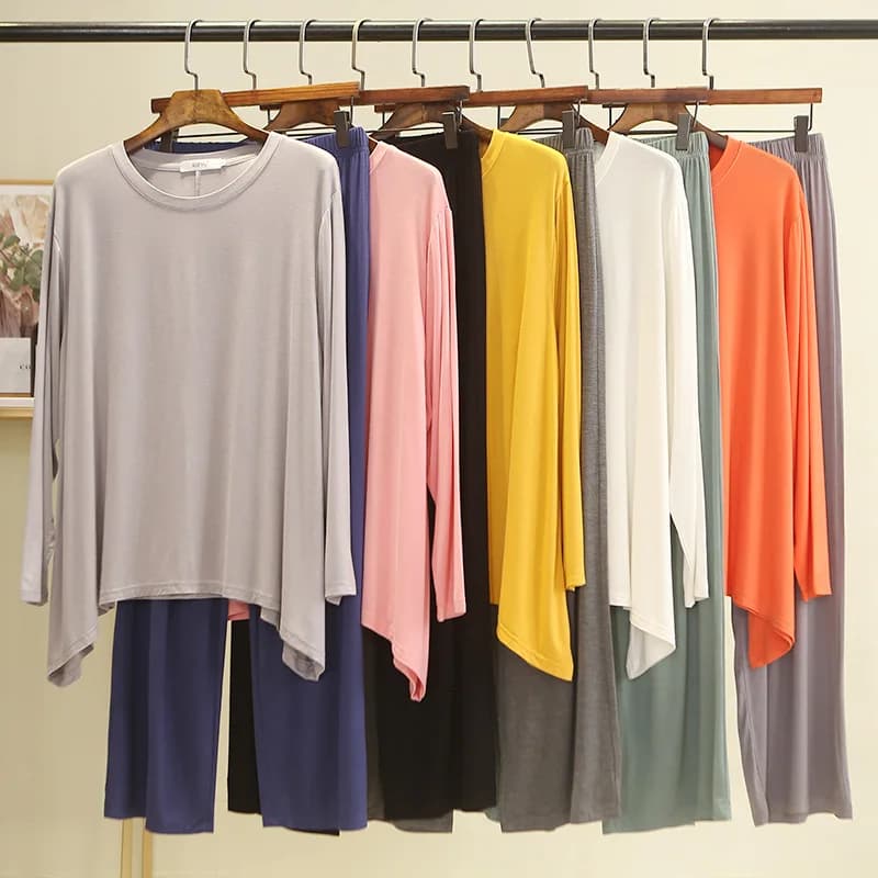 Plus size Color-contrast Modal 2pcs Homewear Set Long sleeve Tshirts and Wide leg pants Women Loose pajamas sets streetwear