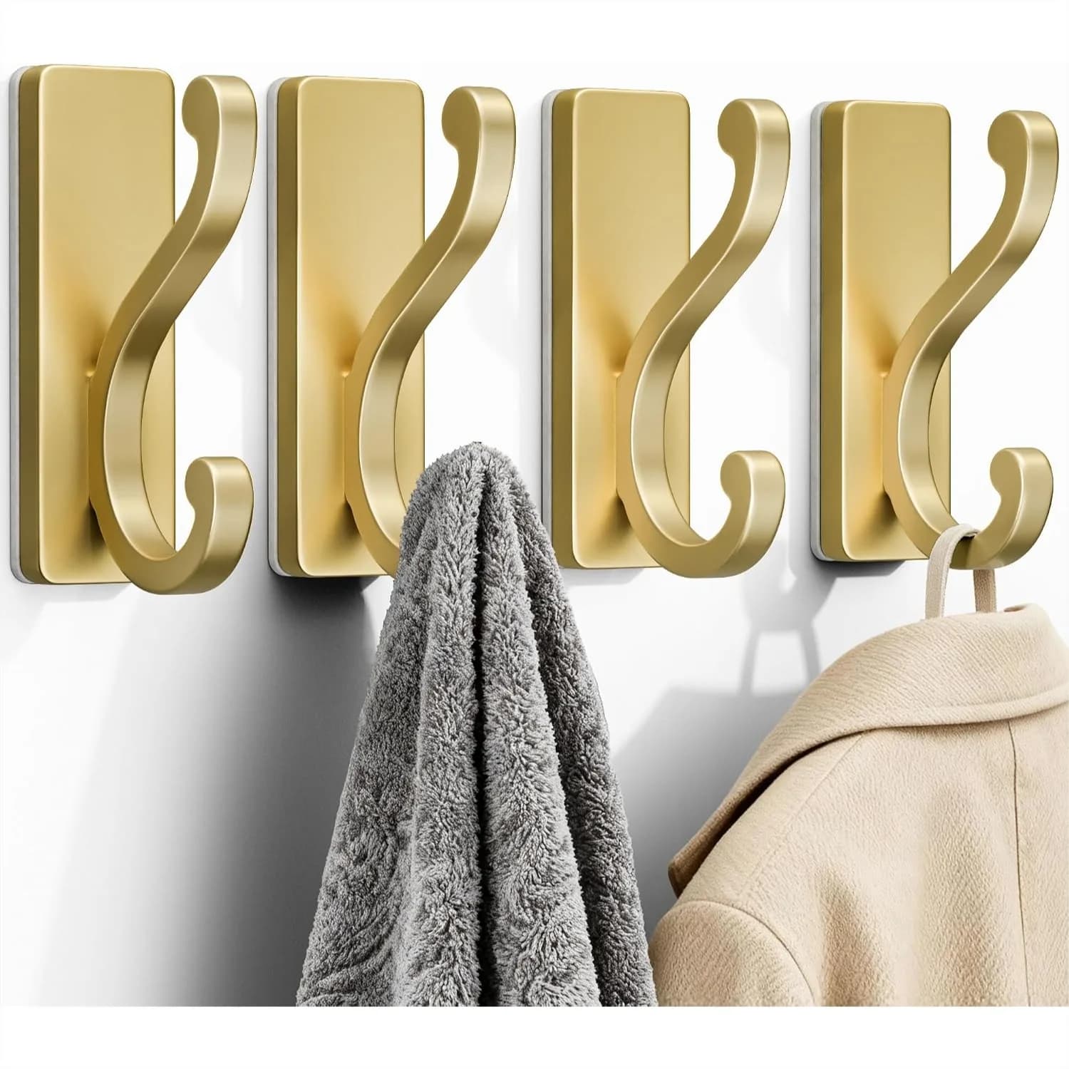 4 Pack Self Adhesive Coat Hooks - Gold Sticky Hangers Wall Mount, Holds 13Lbs for Clothes, Towel, Robes, Keys, Double Hooks for
