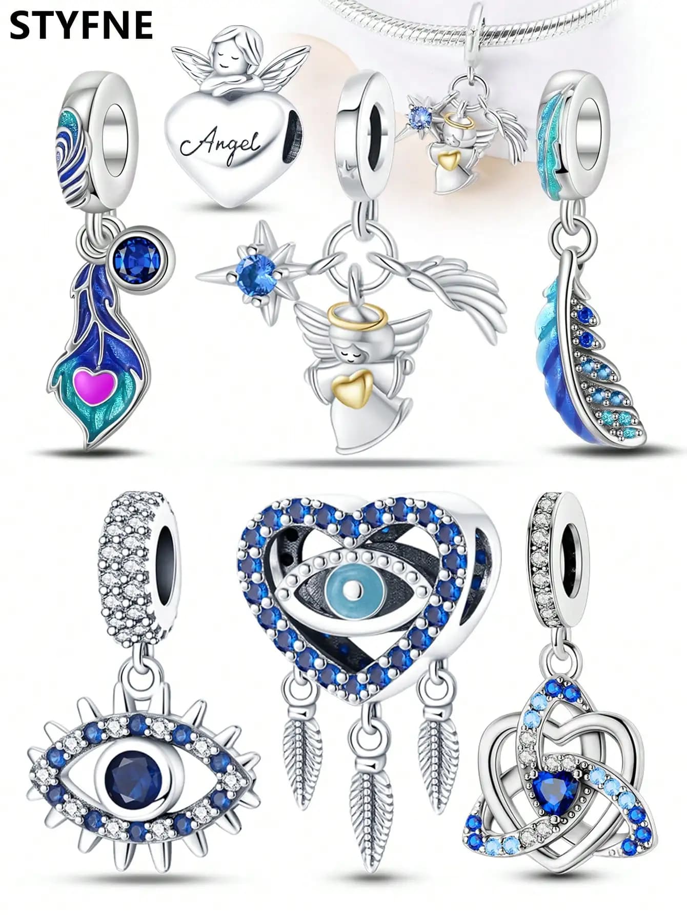 Ciondoli originali placcati in argento 925 Angelo dell'amore con occhi magici Perline Bracciale adatto Regalo di gioielli da donna