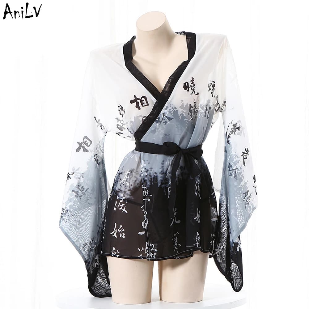 AniLV Chinese Calligraphy Ink Night Robe Uniform Women Ancient Hanfu Bathrobe Pajamas Costumes Cosplay