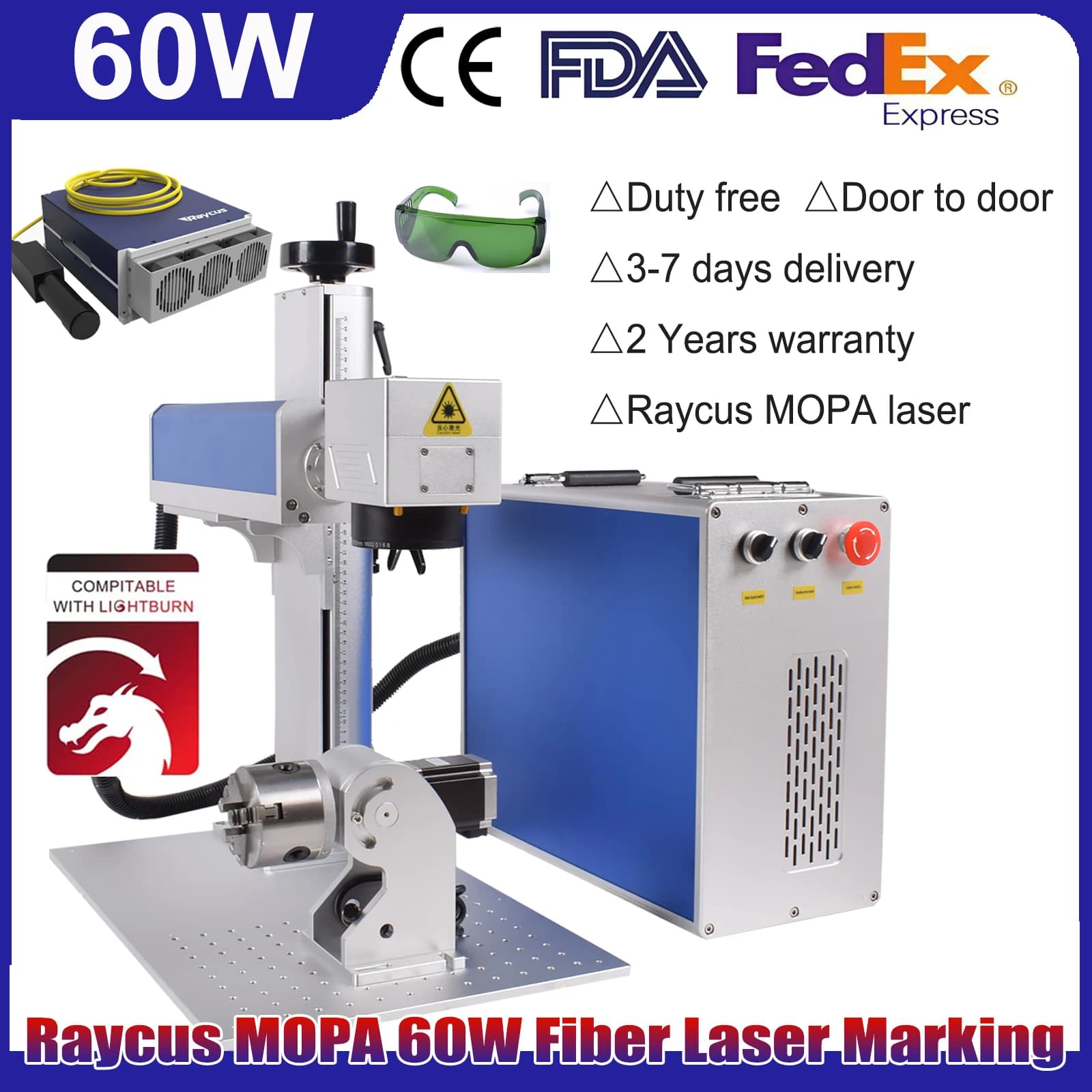 Raycus MOPA 60W Laser Marking Machine Laser Engraving Laser cutting Metal logo engraving with rotating axis