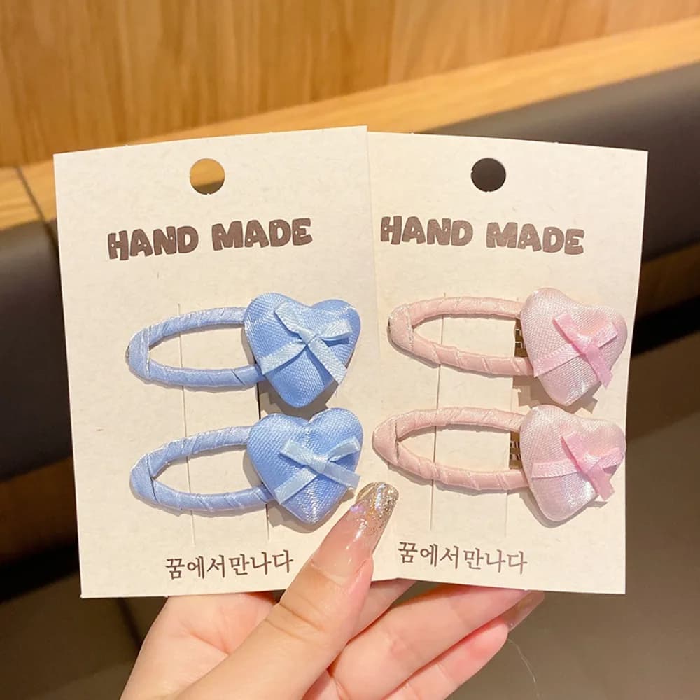 2pcs/set Kids Girls Heart Love Bows Pink Summer Satin Hair BB Clip Ponytail Holder for Baby Girl Toddler Cute Hair Accessories