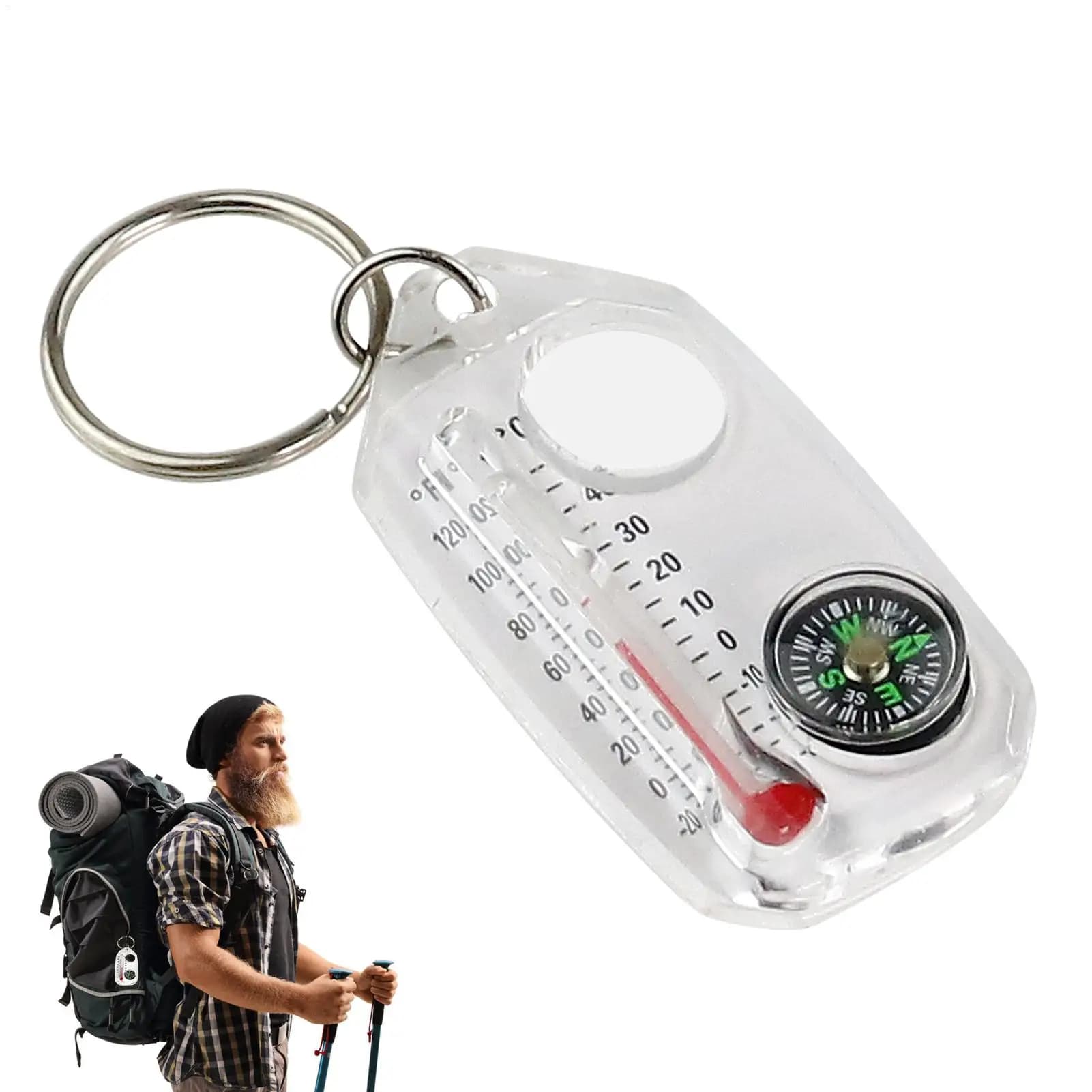 Small Keychain Compass Portable Mini Keychain Outdoor Thermometer Magnifying Glass Compass Guide Camping Survival Tools