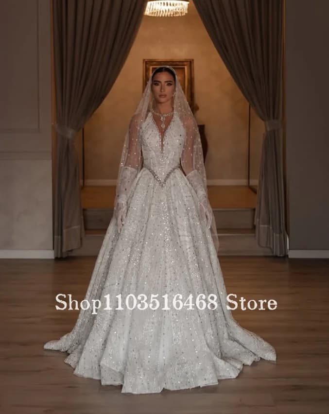 Custom Gorgeous V-Neck Wedding Dress Luxurious Gemstone Beaded Bridal Gown Formal Evening Gown Dreamy Exquisite Engagement Dress