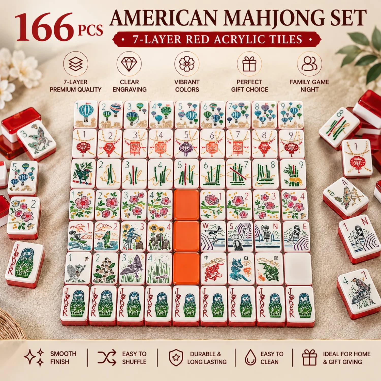 166 Pcs American Mahjong Set, 7-Layer Red Acrylic Mahjong Tiles, American Mah Jongg Game Set for Family Game Night, Home & Gift