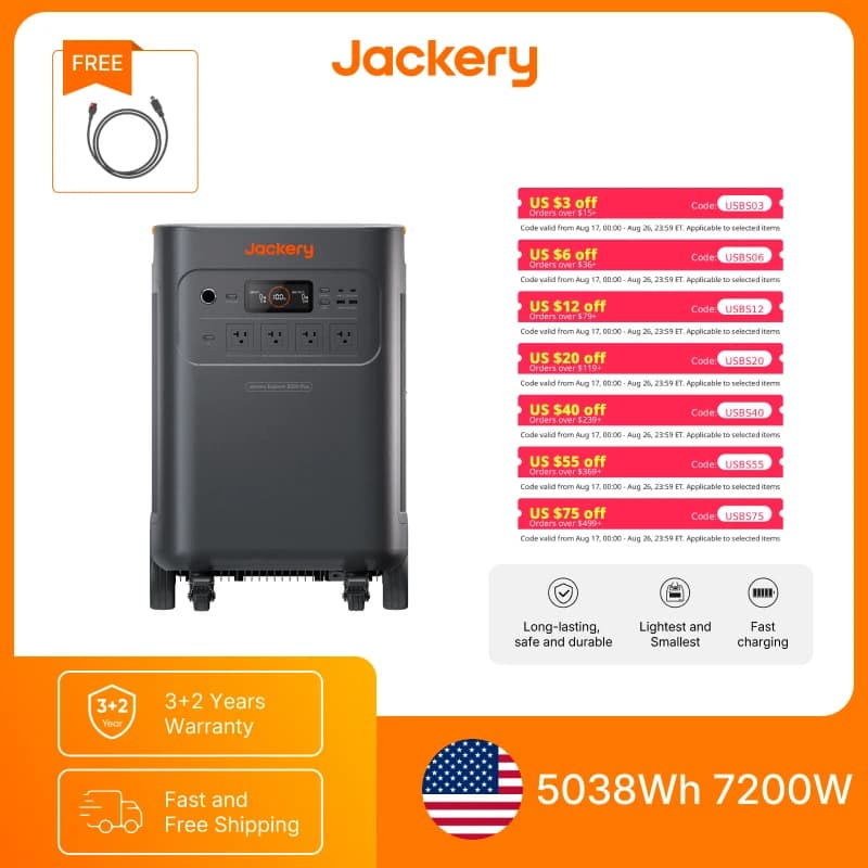 Jackery Explorer 5000 Plus with Anderson Cable Set, LiFePO4 Power Station, Solar Generator for Home RV