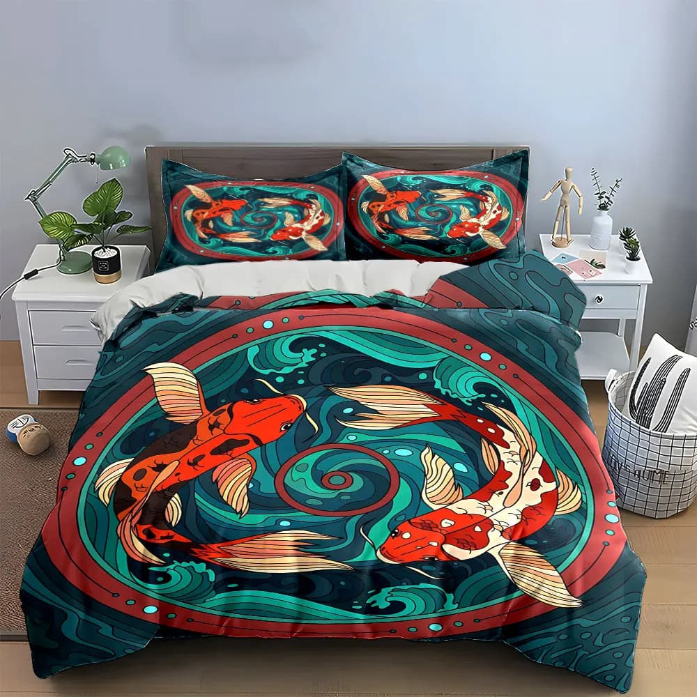 Set di biancheria da letto decorativa con motivo Koi Fish Art, con 1 copripiumino e 2 federe, singolo, matrimoniale, king, queen, regalo