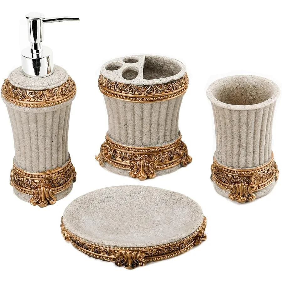 Set di Accessori per il Bagno in Resina: Portaspazzolino, Portasapone, Dispenser di Sapone, Set Completo di Essenziali per il Bagno in Stile Rustico