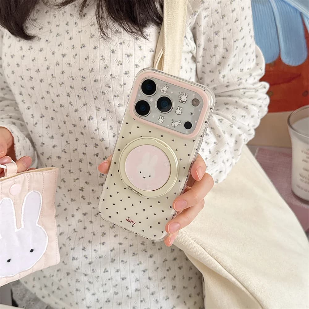 Ins Polka Dot Miffy Rabbit with Rotate Stand Cute Phone Case for iPhone 17 16 15 Pro 16 Max 17 Pro Max Cover Shockproof Cover
