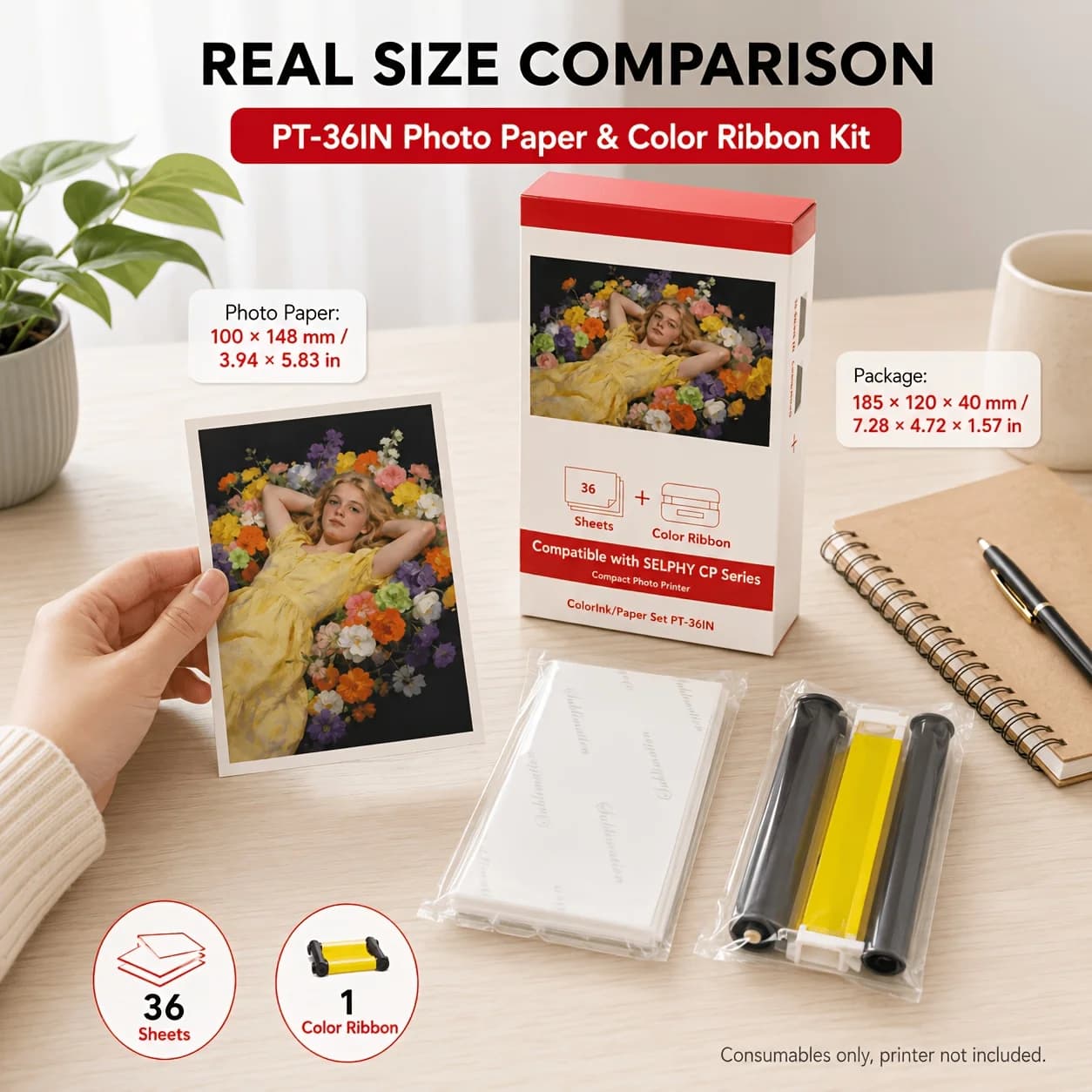 36 Sheets 1 Ribbon Dye Sublimation Photo Paper Glossy 10x15cm Compatible for SELPHY CP1500 CP1300 CP1200 CP1000 Photo Printer
