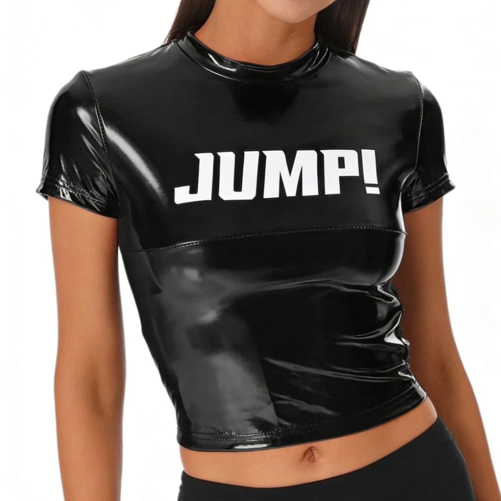 T-shirt da donna in pelle PU lucida e alla moda, girocollo a maniche corte con stampa di lettere, stile Y2K, crop top per uscire, per feste e serate in discoteca